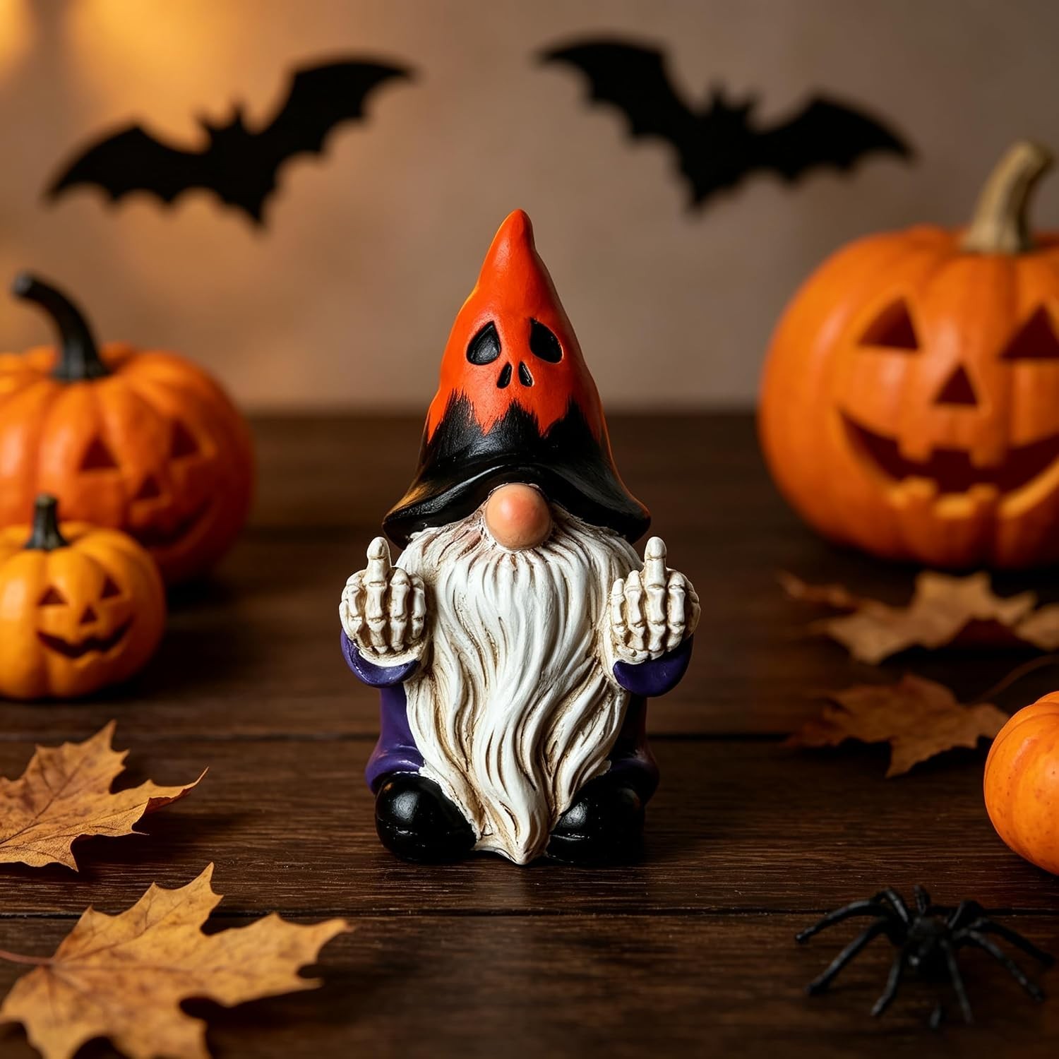 Halloween Middle Finger Gnome Statue with Skeleton Hands - Spooky Ghost Face Halloween Middle Finger Gnome Statue with Skeleton Hands - Spooky Ghost Face