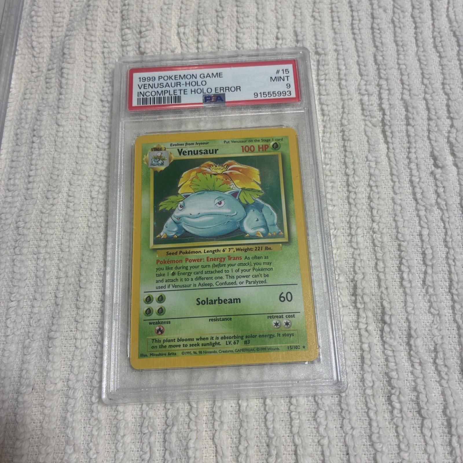 *READ DESC* 1999 Pokémon Venusaur Holo#15/102 PSA 9 MINT Incomplete Holo Error *READ DESC* 1999 Pokémon Venusaur Holo#15/102 PSA 9 MINT Incomplete Holo Error