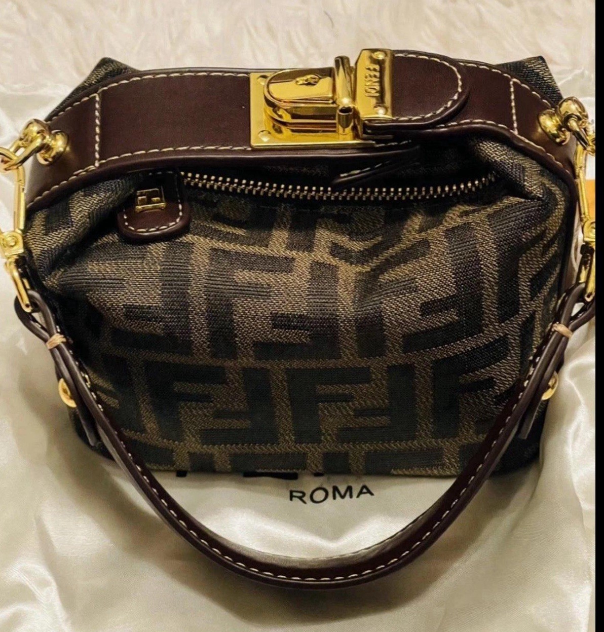 NeatlyusedFendi Zucca Brown Small Top Handle Satchel Zip Gold  w/ Dust Bag