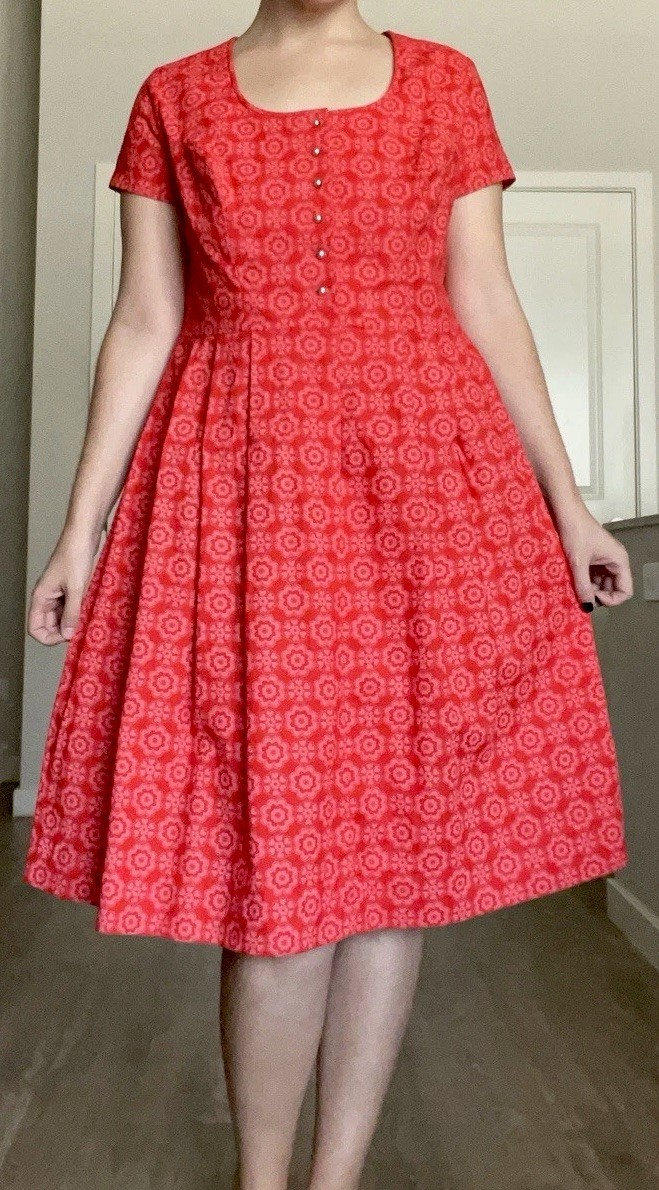 Red VTG 60s Groovy Short Sleeve Button Flower Cotton Dress 46 Large 12 14
