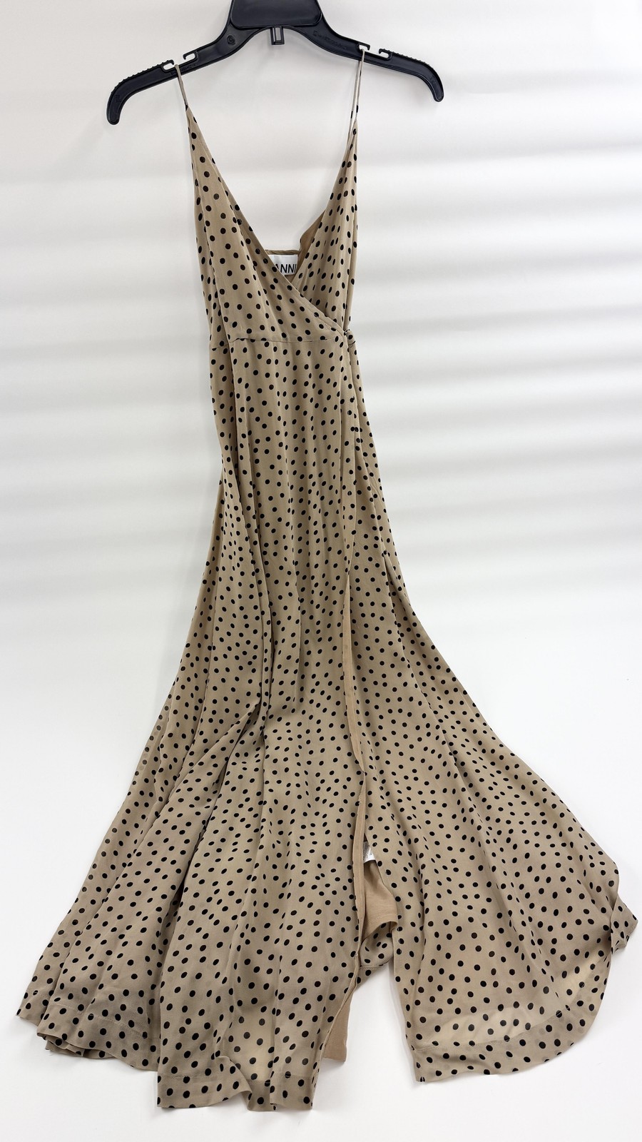 Ganni Dress Womens 34 Beige Black Polka Dot Slip Spaghetti Strap V Neck Flowy