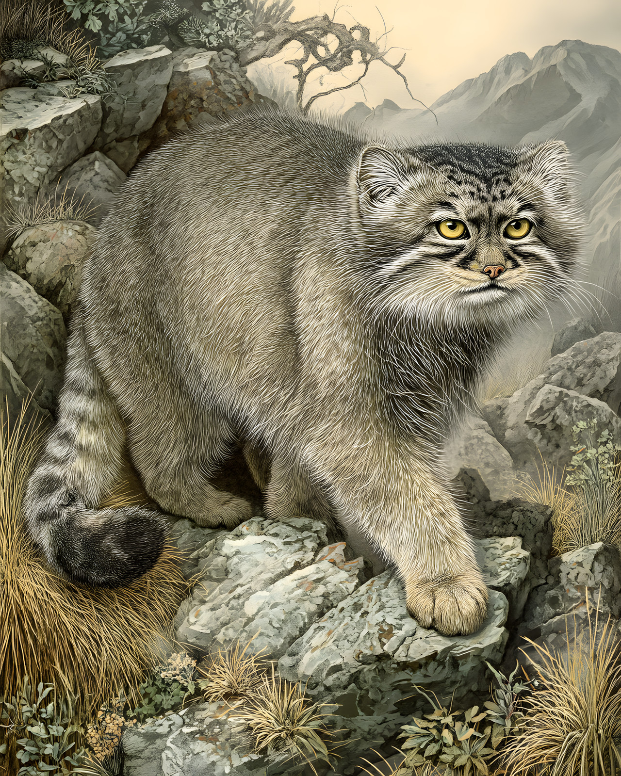 Pallas\'s Cat Otocolobus manul in Rocky Terrain Natural History Art/328020495
