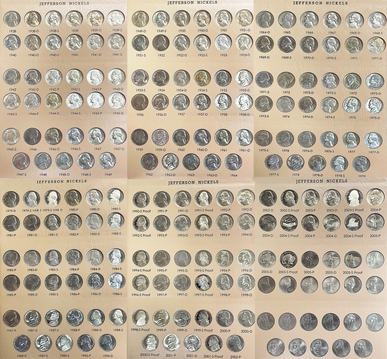 1938-2014 COMPLETE JEFFERSON NICKEL SET 210 CHOICE UNC+PROOF COINS DANSCO ALBUM