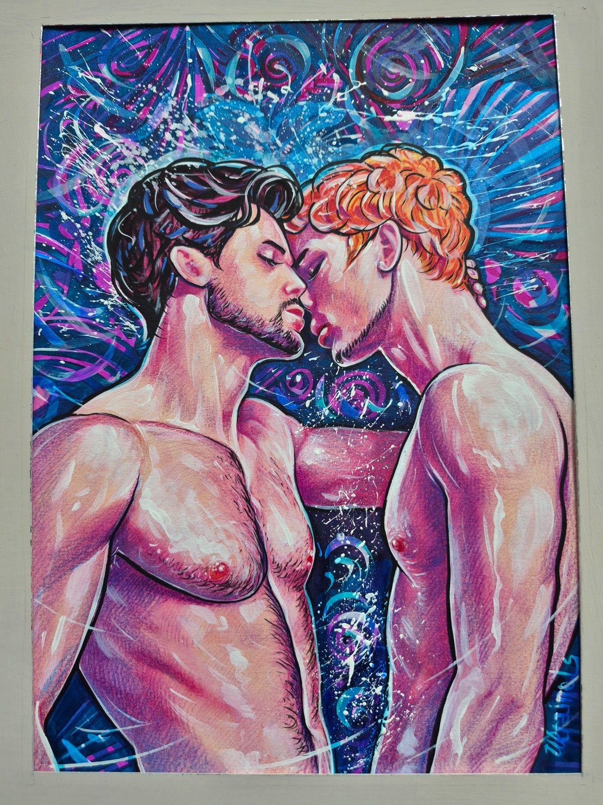 Original Male Figure Art A4 Men Fantasy LGBT Artwork Gays Love Kiss Ocean Vibe Original Male Figure Art A4 Men Fantasy LGBT Artwork Gays Love Kiss Ocean Vibe