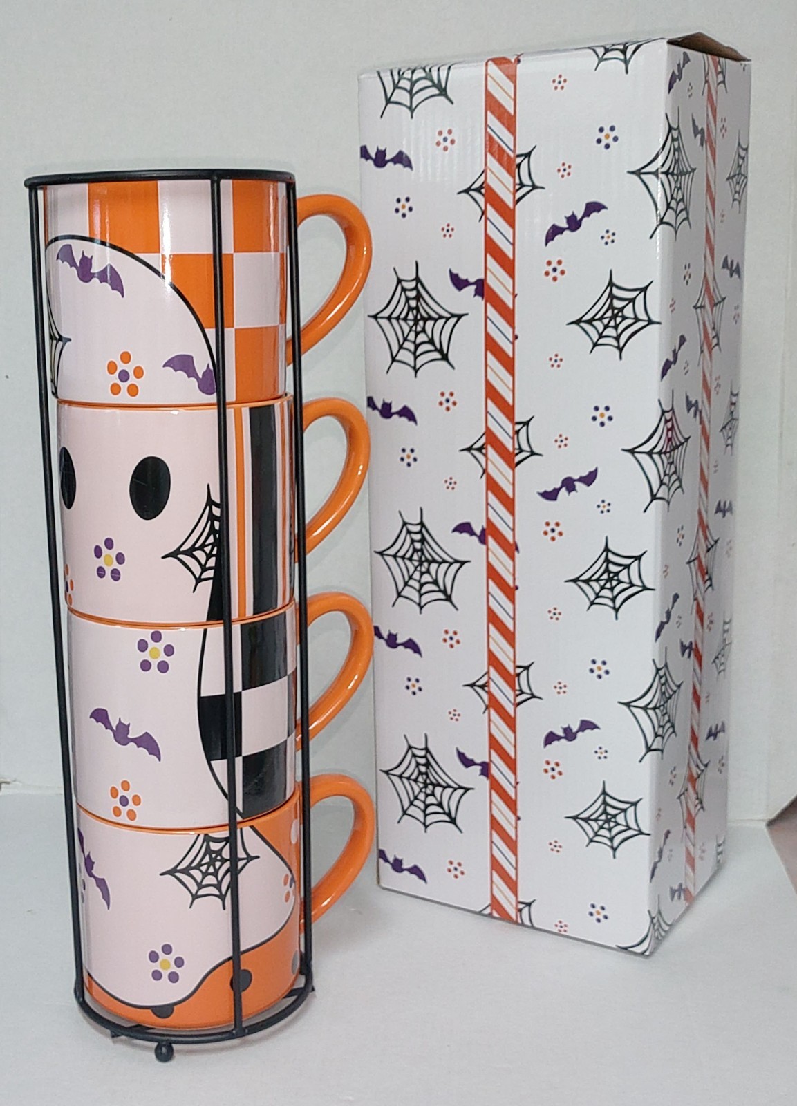 Temp-tations Halloween Ghost Bats 4 Piece Stacking Coffee Mugs w/ Wire Rack NIB