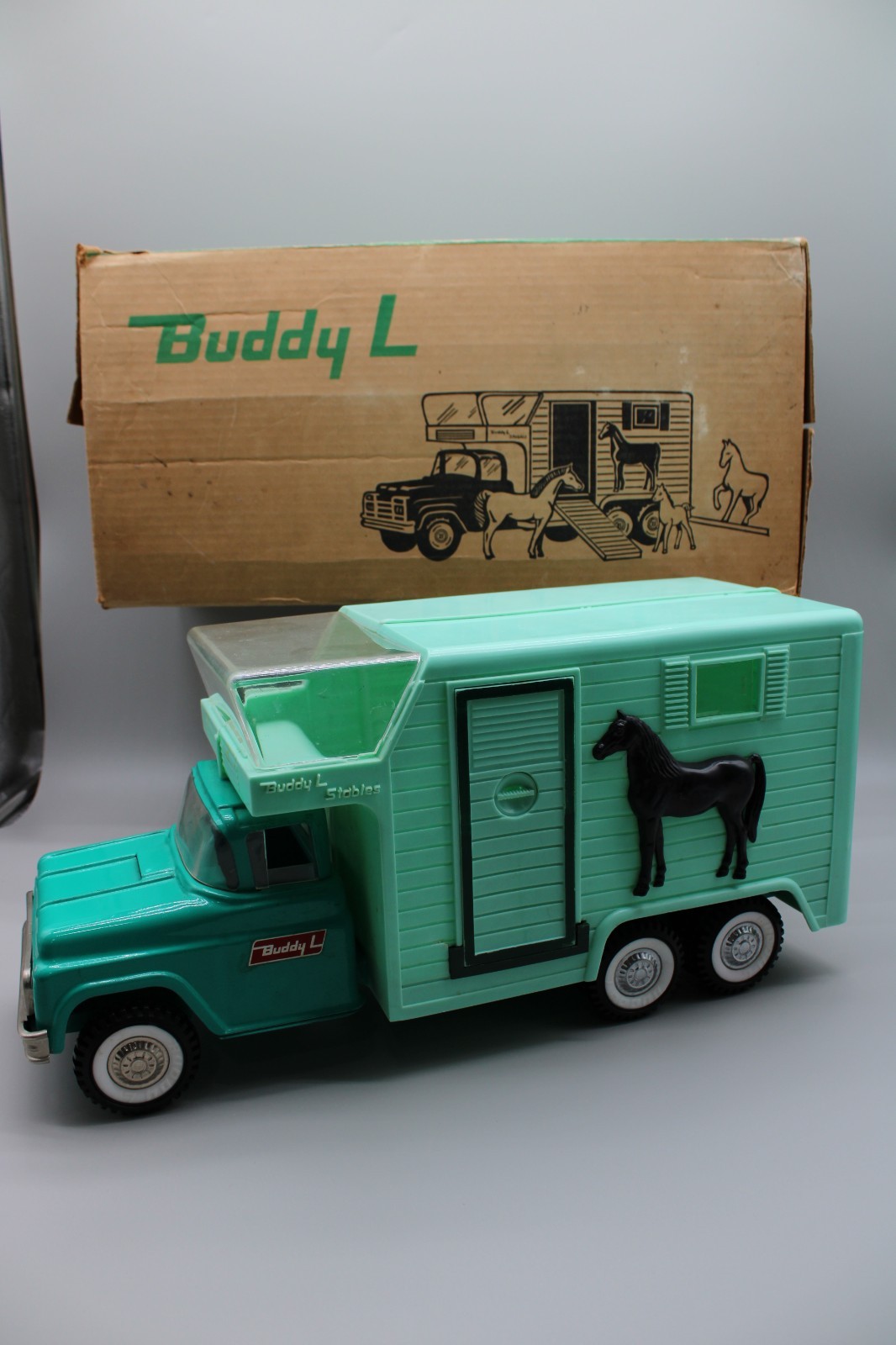 VTG Buddy L Horse Van 0463 Pressed Steel Boxed Rare Green Color - 3 Horses Clean