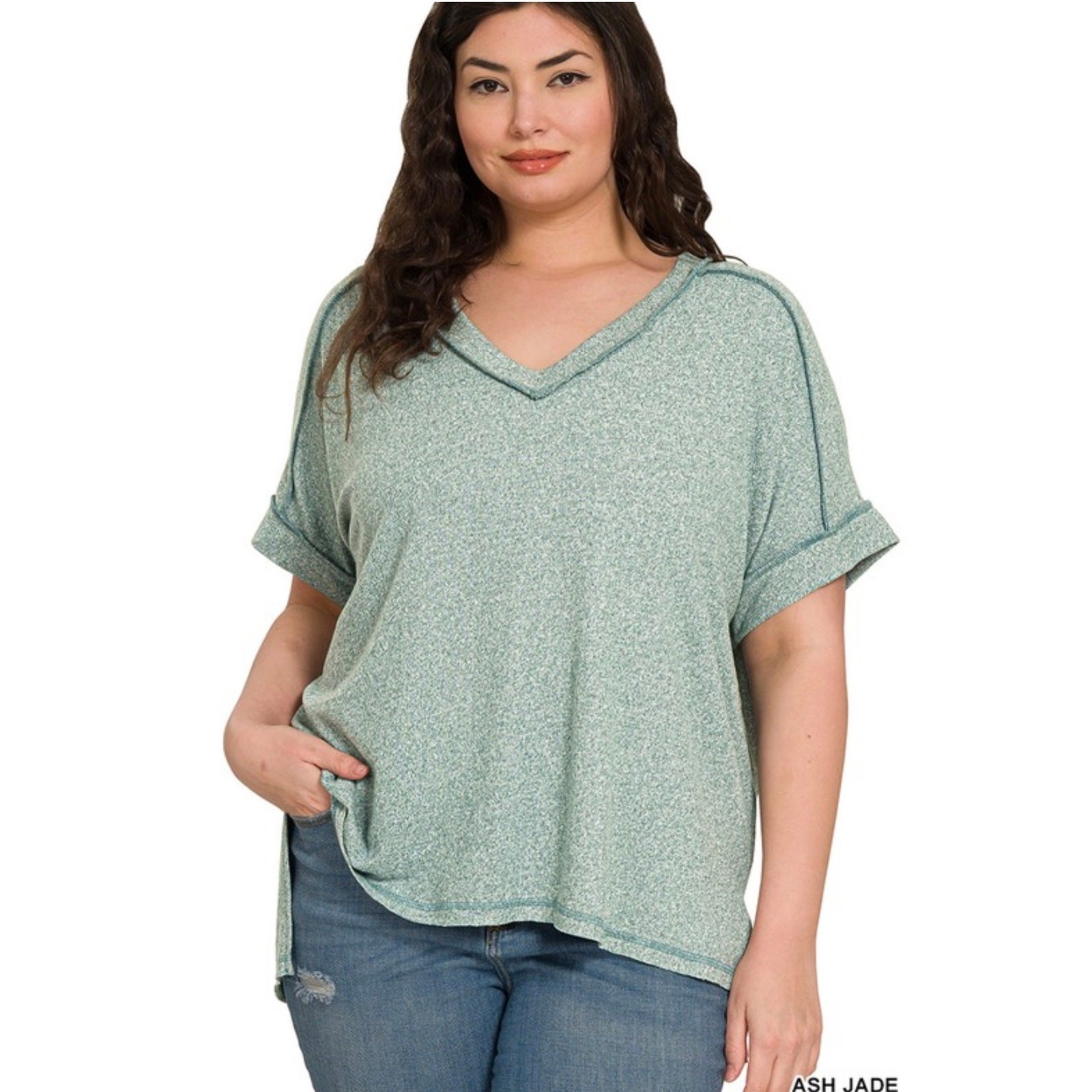 Zenana Ash Jade Green V-Neck Relaxed Top – Size 2X/3X – NWOT