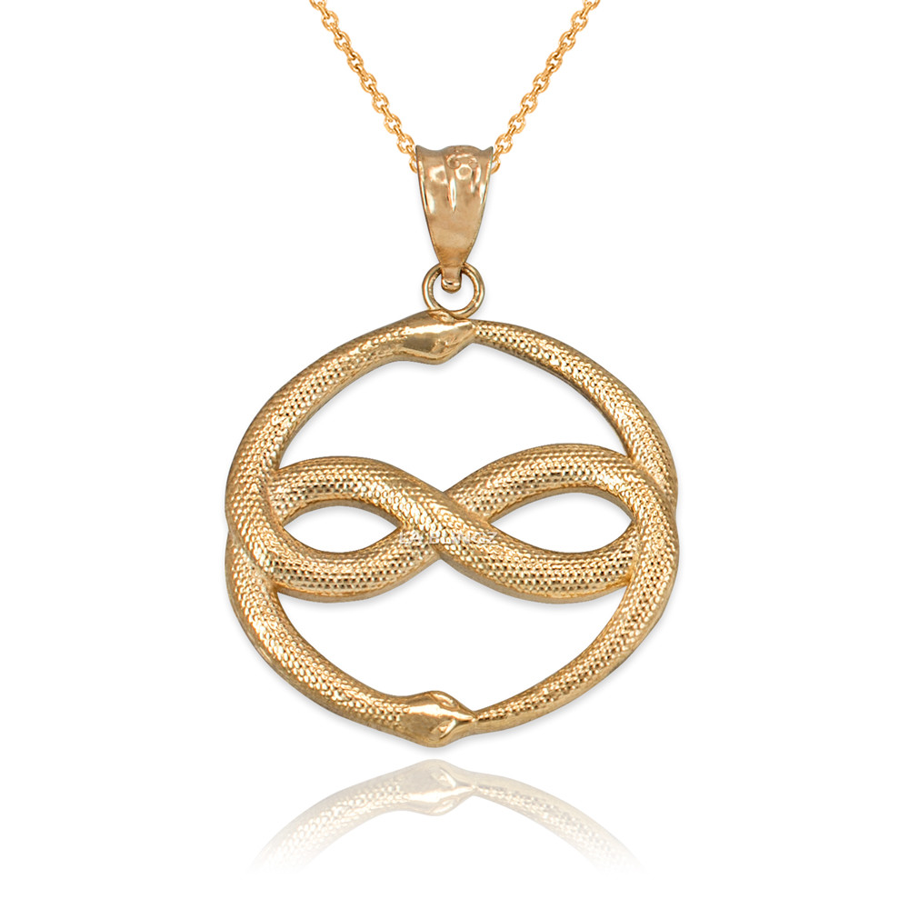 10K Yellow Gold Double Ouroboros Infinity Snakes Pendant Necklace