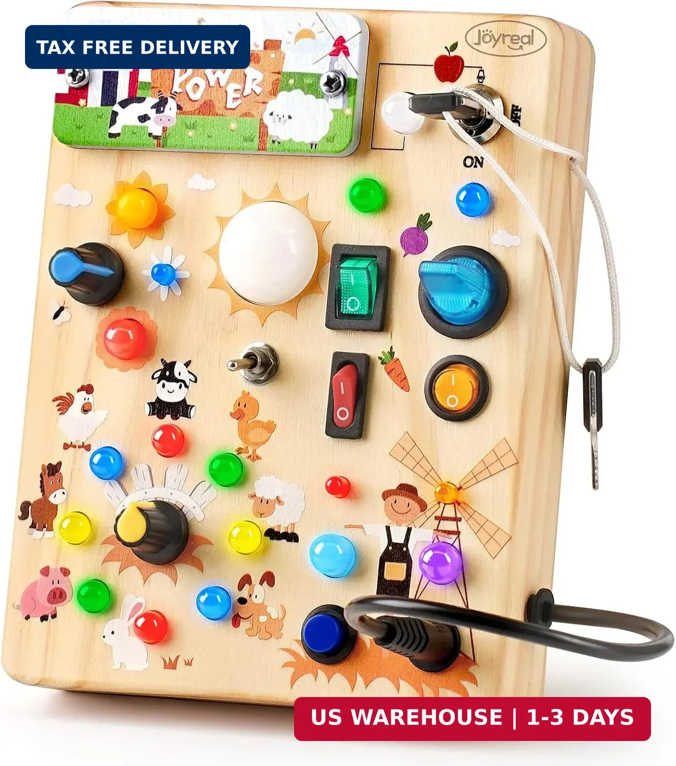 Joyreal Wooden Busy Board with LED Light, Montessori Toddler Toys, Wooden Sensor Joyreal Wooden Busy Board with LED Light, Montessori Toddler Toys, Wooden Sensor