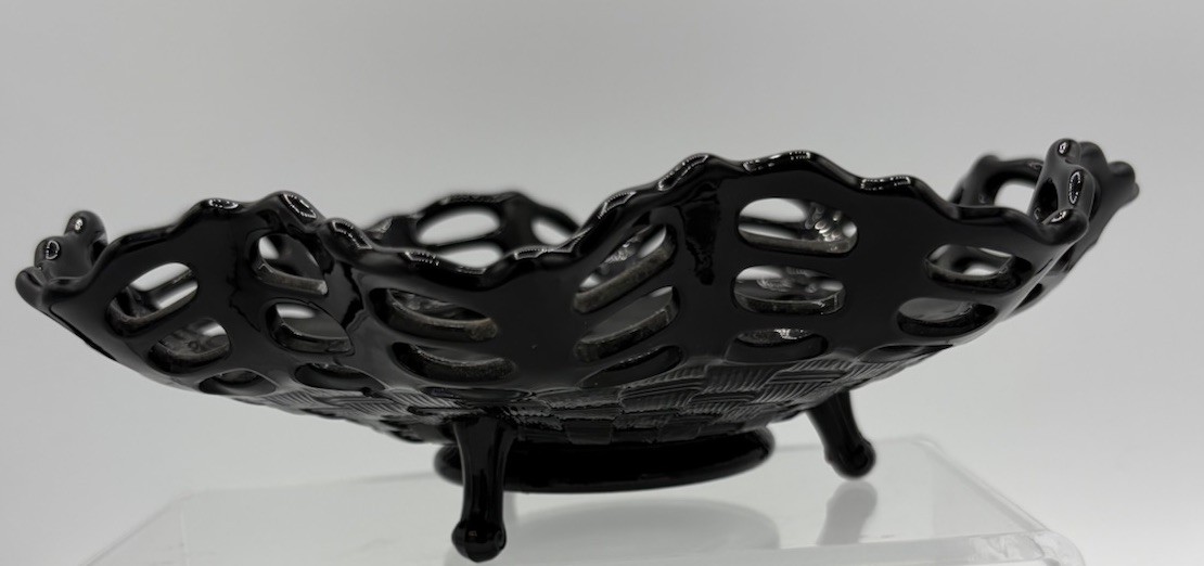 VTG Fenton,  Black Amethyst, Basket Weave, Open Lace, Tri-Footed Bowl, 8.5”