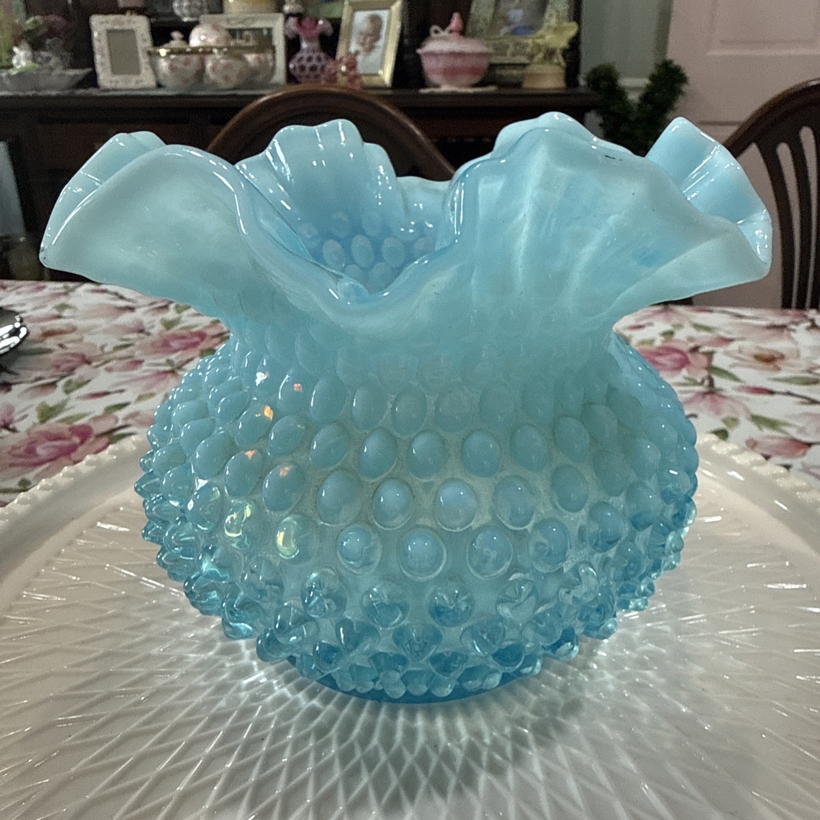 Vintage FENTON Blue Hobnail  GLASS Ruffle Vase 5” T x 6” W