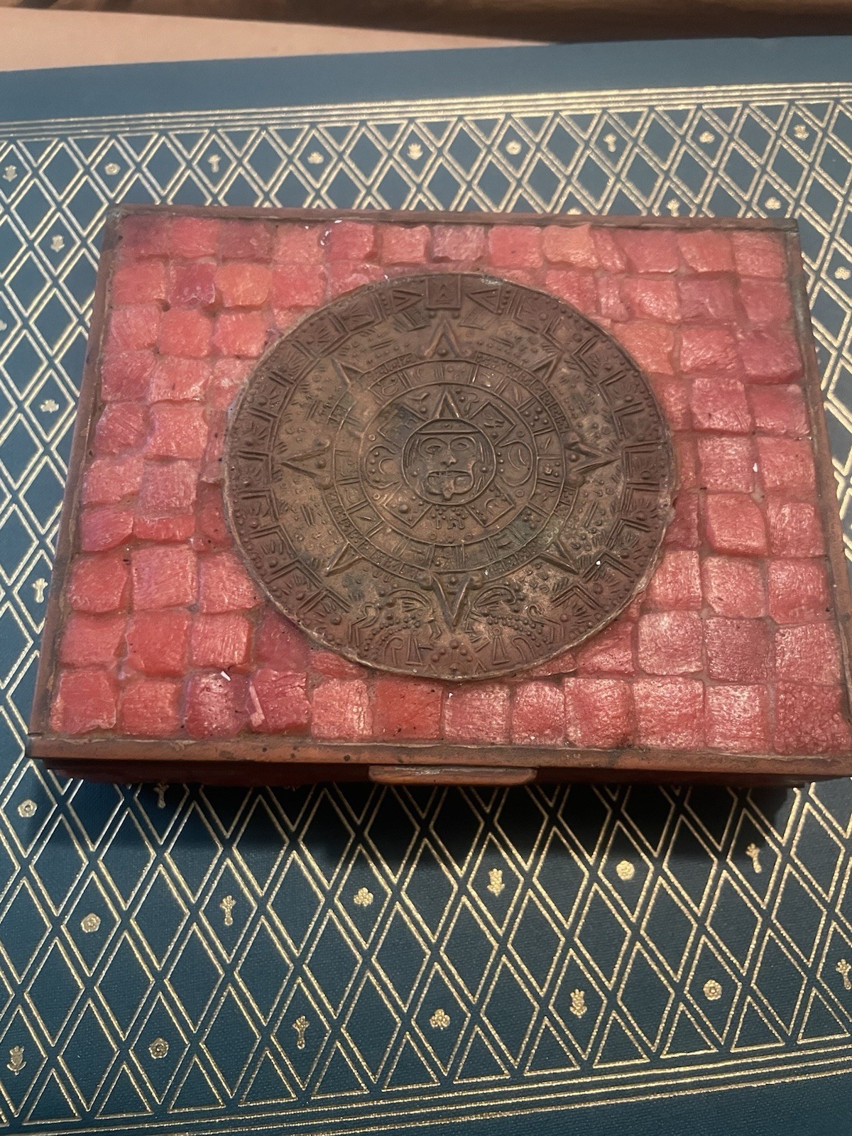 Rare Vtg MCM Mexican Brass Salmon Tile Mosaic Box Aztec Calendar Stone Taxco Era Rare Vtg MCM Mexican Brass Salmon Tile Mosaic Box Aztec Calendar Stone Taxco Era