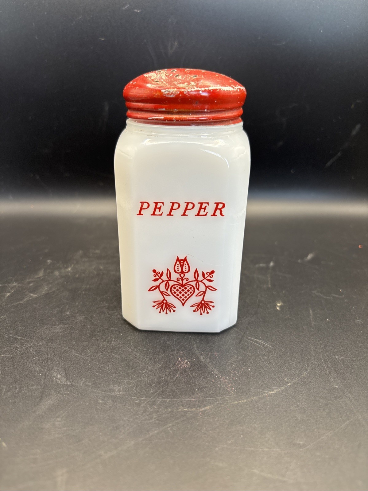 Vintage Hazel Atlas Milk Glass RED Lettering Dutch Stove Top Pepper. Vintage Hazel Atlas Milk Glass RED Lettering Dutch Stove Top Pepper.