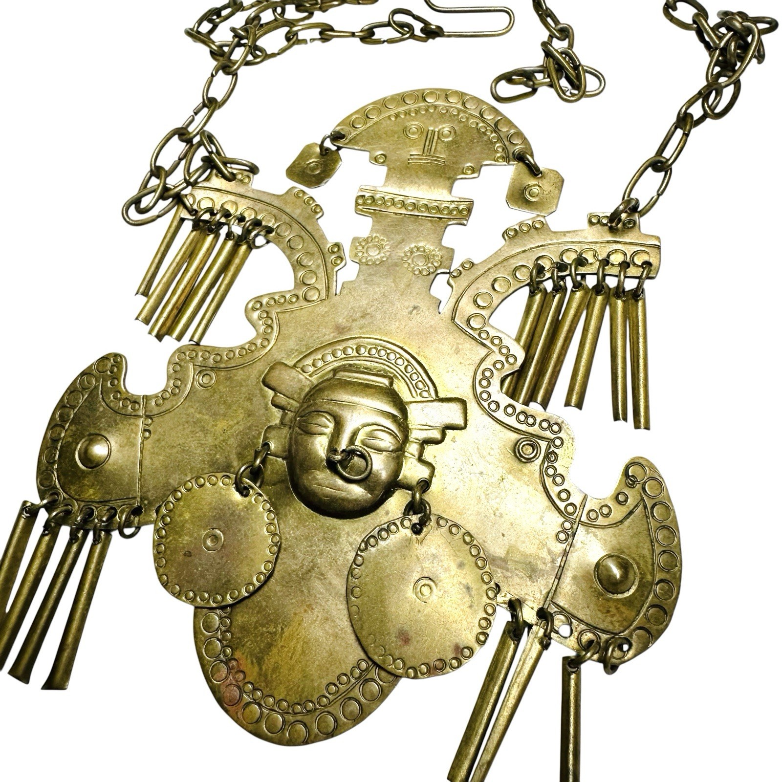 Brass Replica Pre Columbian Calima Yotoco Headdress Face Mask Pendant Necklace