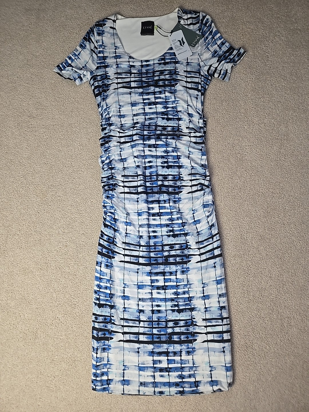 NWT Lysse Blue Scoop Neck Bodycon Ruched Stretch Midi Dress Medium