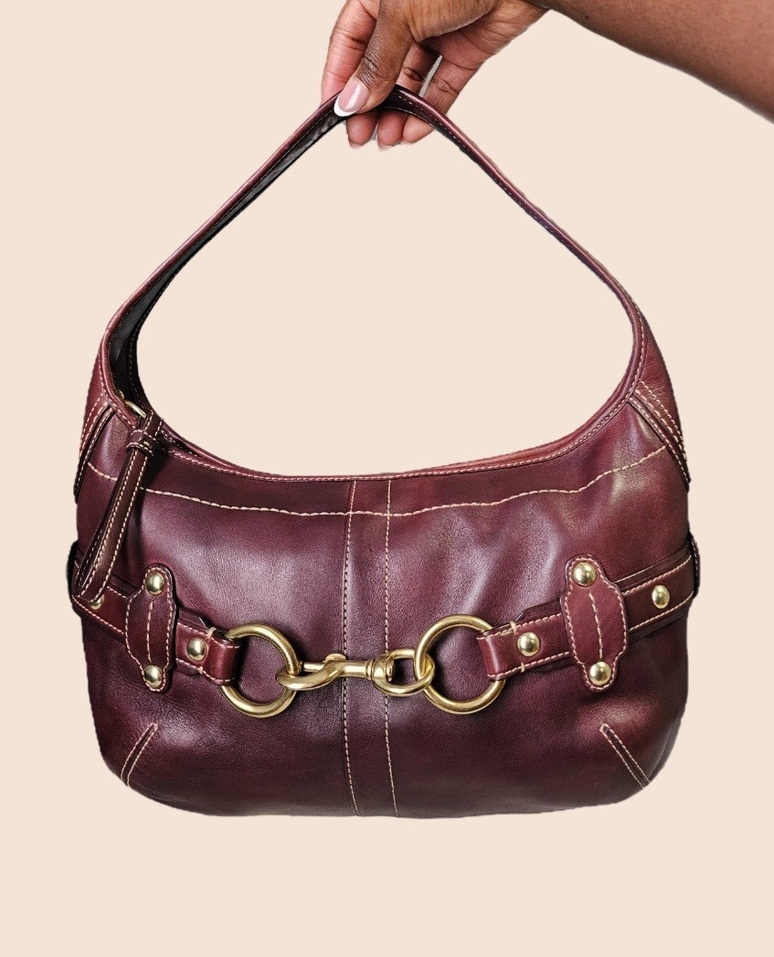 Coach Burgundy belted ergo Bag Purse Zip Closure Gold-Tone Hardware Strap