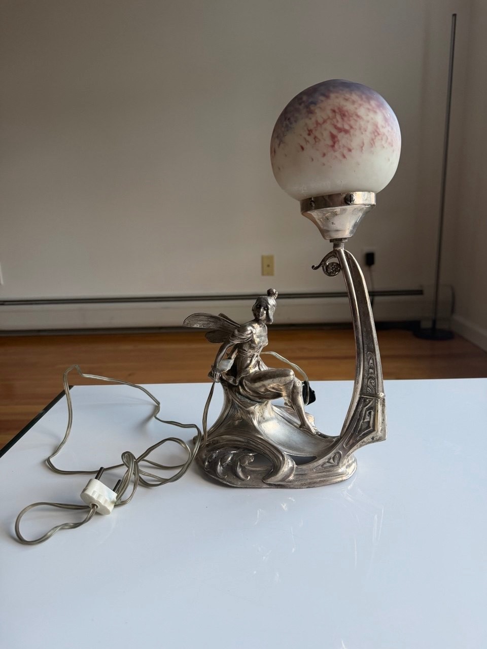 Vintage Fairy Table Lamp Art Nouveau Style Figural Lamp Frosted Glass Globe Vintage Fairy Table Lamp Art Nouveau Style Figural Lamp Frosted Glass Globe