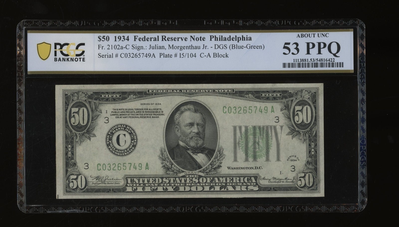 DBR 1934 $50 DGS FRN Philadelphia Fr. 2102-Cdgs PCGS-B 53 PPQ Serial C03265749A