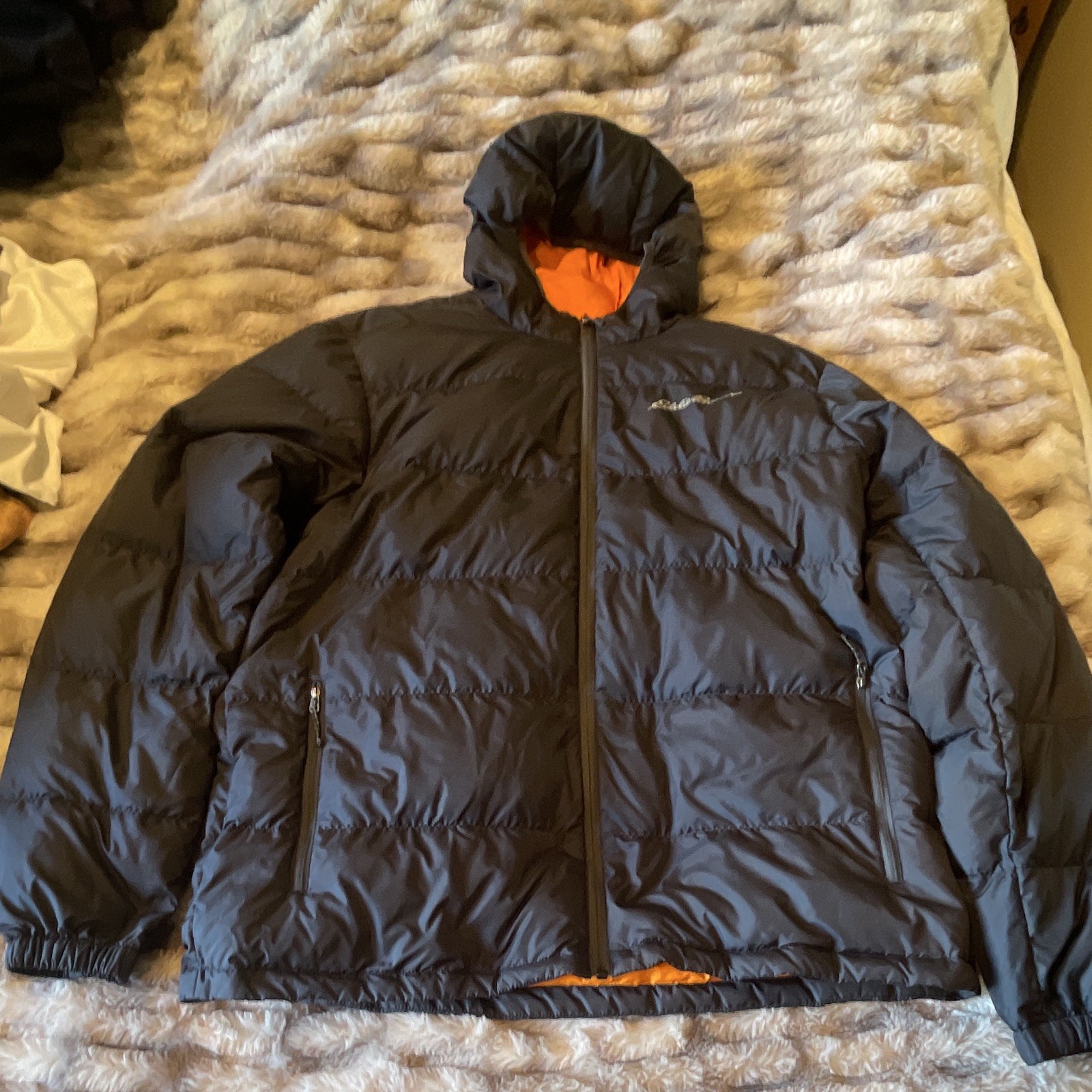 Eddie Bauer Men\'s Down Hooded Puffer Jacket Full Zip Pockets Black/Orange L