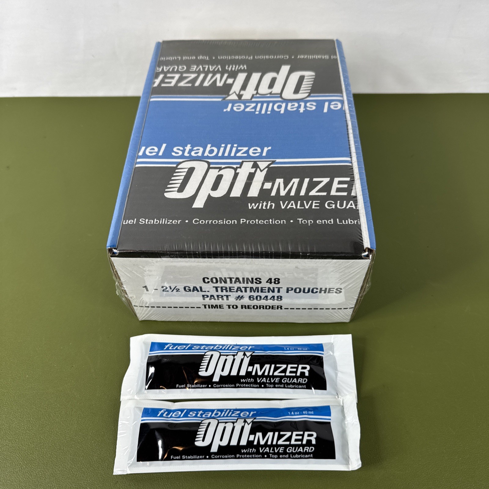 Case 48 Pck Opti-Mizer Pouch Fuel Stabilizer w Valve Guard Mix 1 - 2.5 Gal 60448