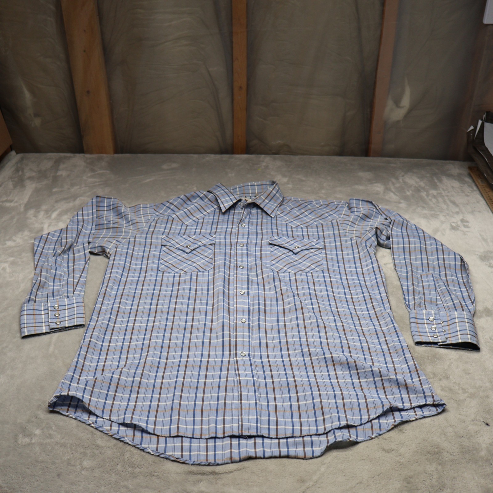 Ely Cattleman Pearl Snap Shirt Mens Large Blue Plaid Long Sleeve Western Cowboy