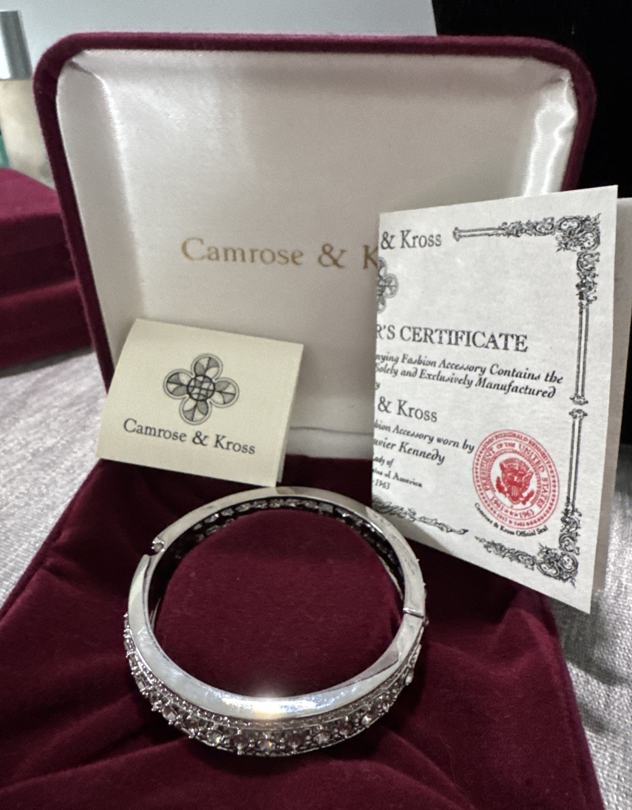 Camrose & Kross Jacqueline Kennedy Silver-Tone Crystal Hinged Bangle Bracelet