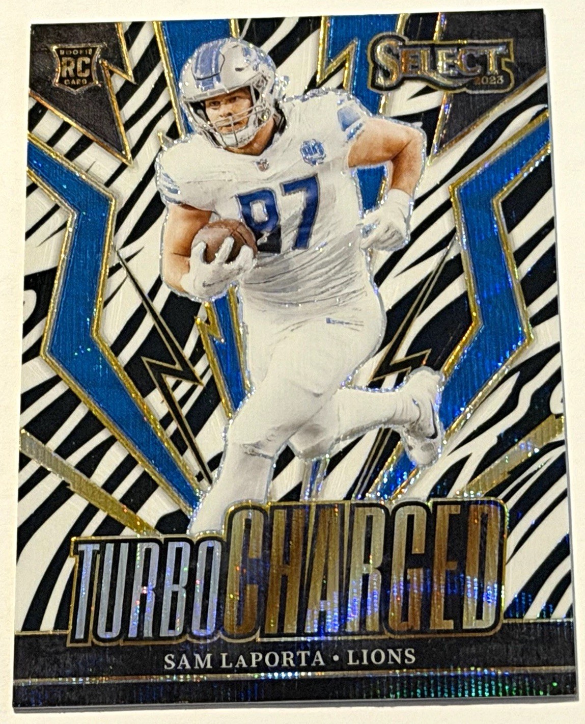 Sam LaPorta 2023 Panini Select ZEBRA Turbocharged Prizm RC # TUR-SLA Lions