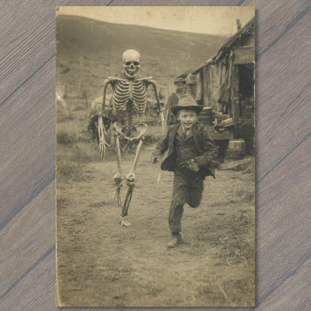 POSTCARD Boy Running Skeleton Halloween Creepy Funny Odd Antique Style Humor POSTCARD Boy Running Skeleton Halloween Creepy Funny Odd Antique Style Humor