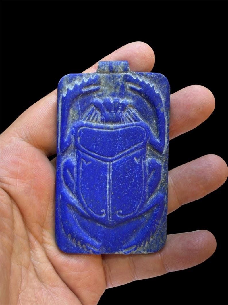 Lapis Lazuli Scarab Necklace Hand Carved Egyptian Pendant Ancient Amulet Jewelry