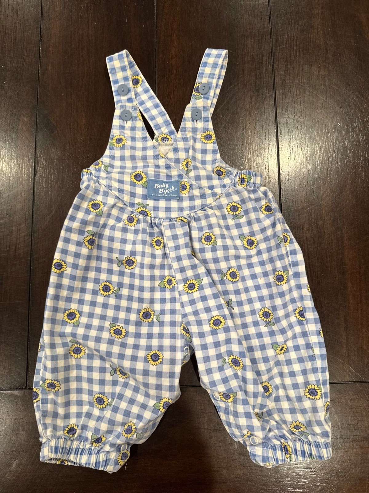 Baby B'gosh Vintage Girls 6-9 month Blue Gingham Flower Overall Romper Cotton