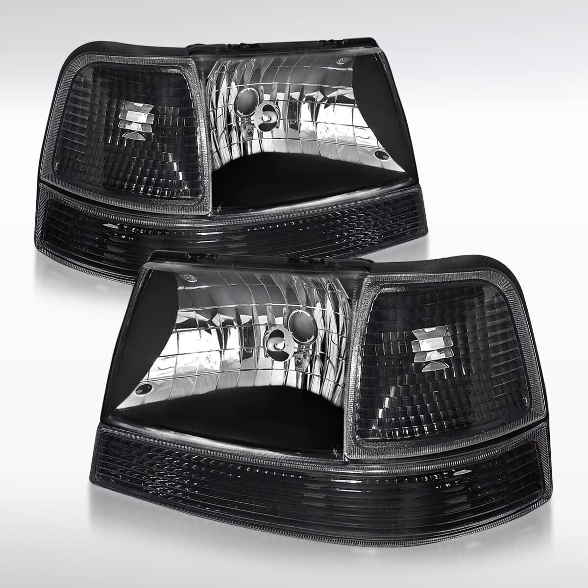 Fit 1998-2000 Ford Ranger Diamond Black Headlights+Corner Turn Signal Lamps Pair