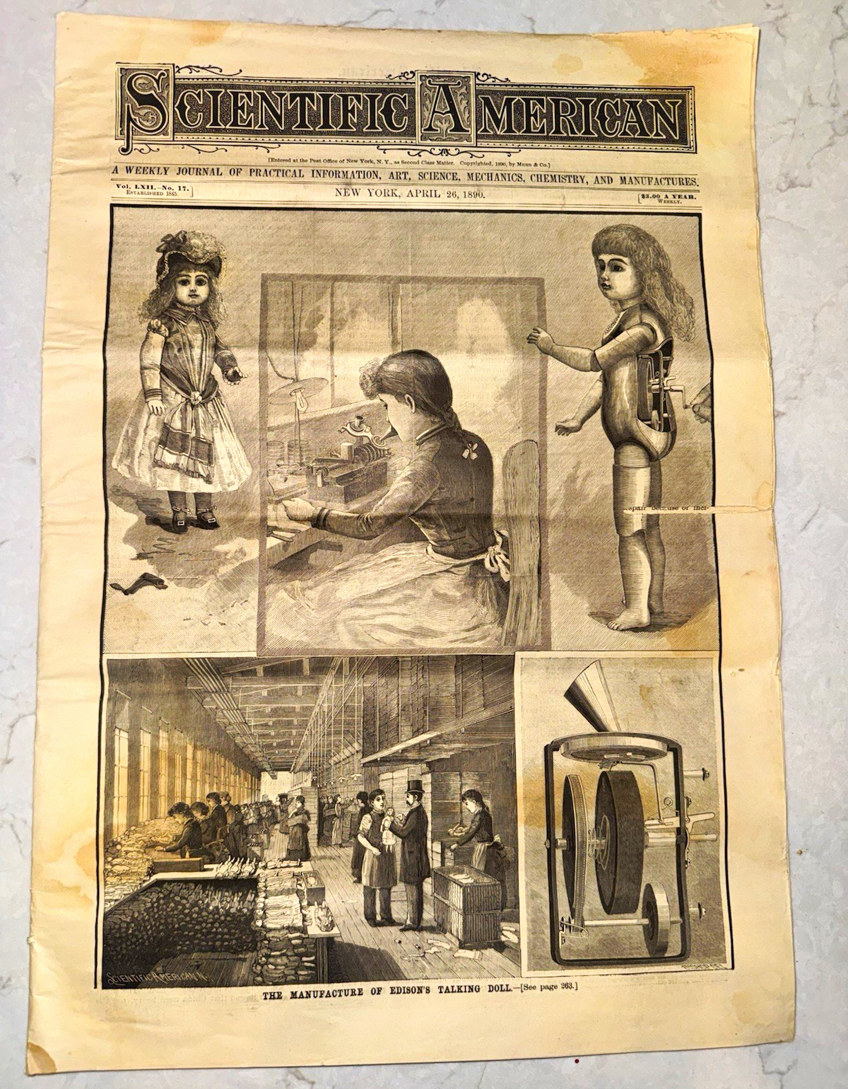 1890 Scientific American THOMAS EDISON TALKING DOLL Phonograph Original Complete