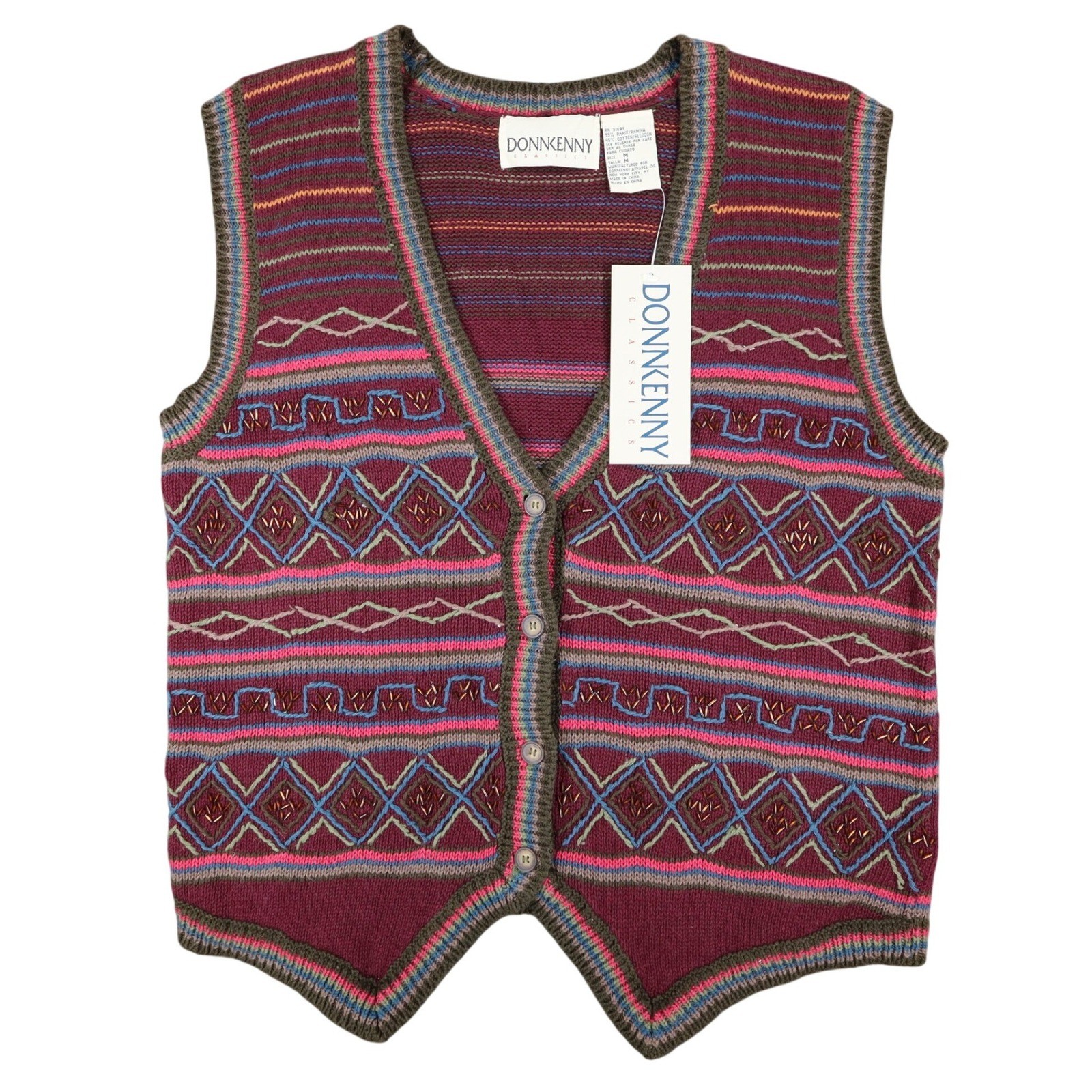 Donnkenny Classics Sweater Vest Womens M Vintage 90s Burgundy Beaded Knit Vest