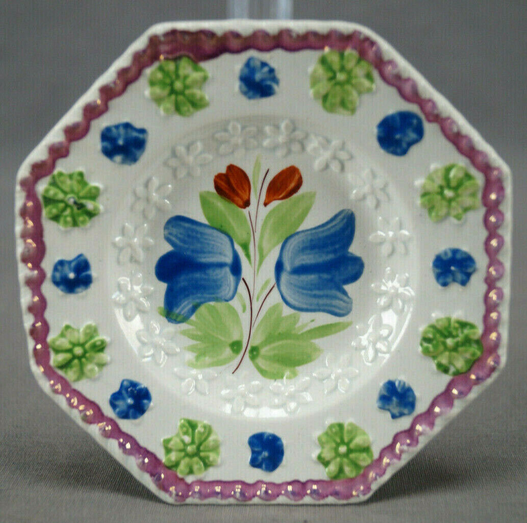 British Staffordshire Hand Enameled Blue & Red Floral Pearlware Cup Plate C 1810