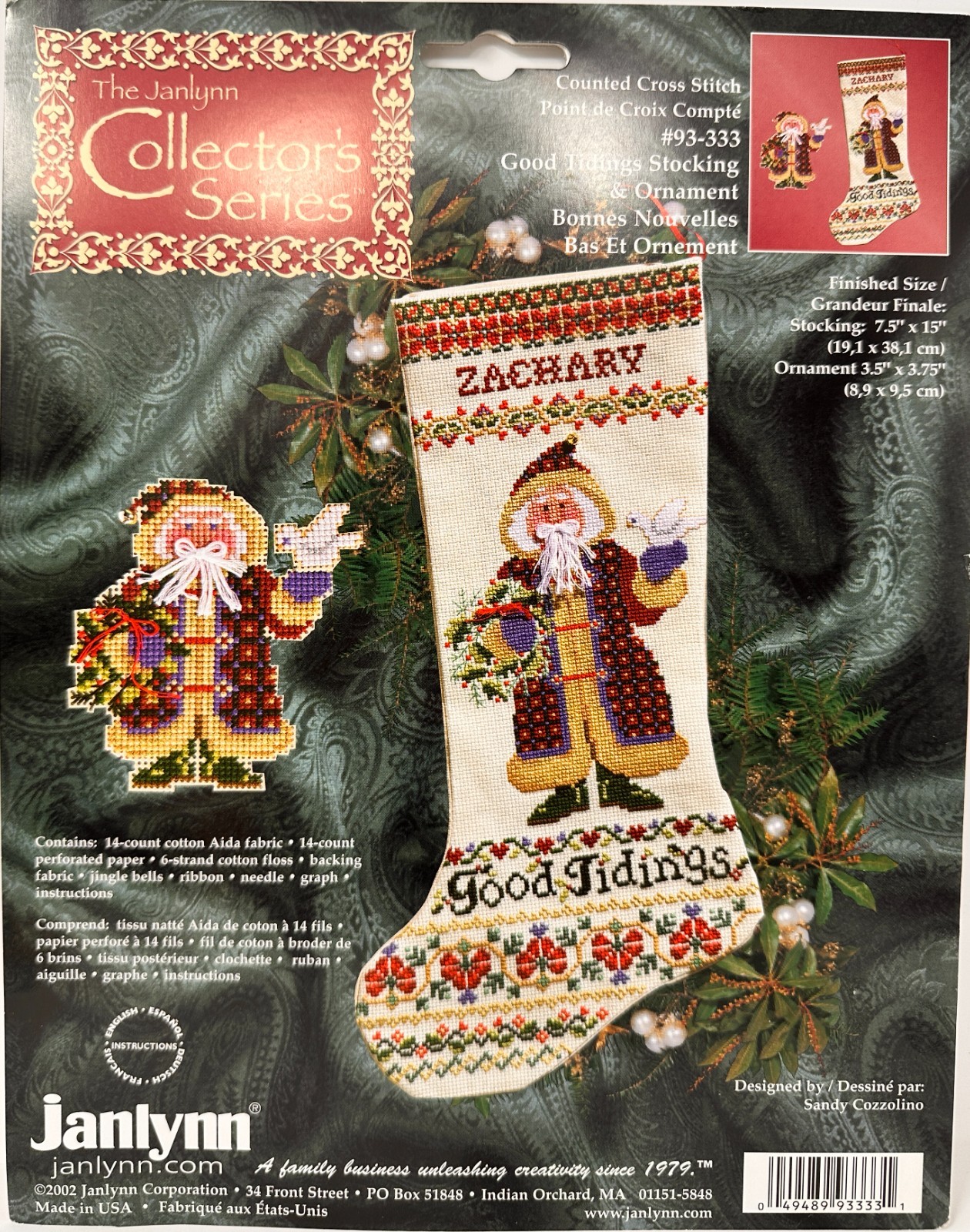 Janlynn GOOD TIDINGS Counted Cross Stitch Stocking and Ornament Kit OPENED 14 ct