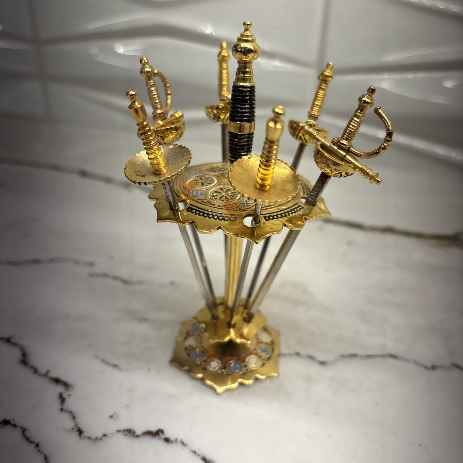 Vintage 6 Mini Swords Cocktail Appetizer Picks Skewers TOLEDO SPAIN Barware