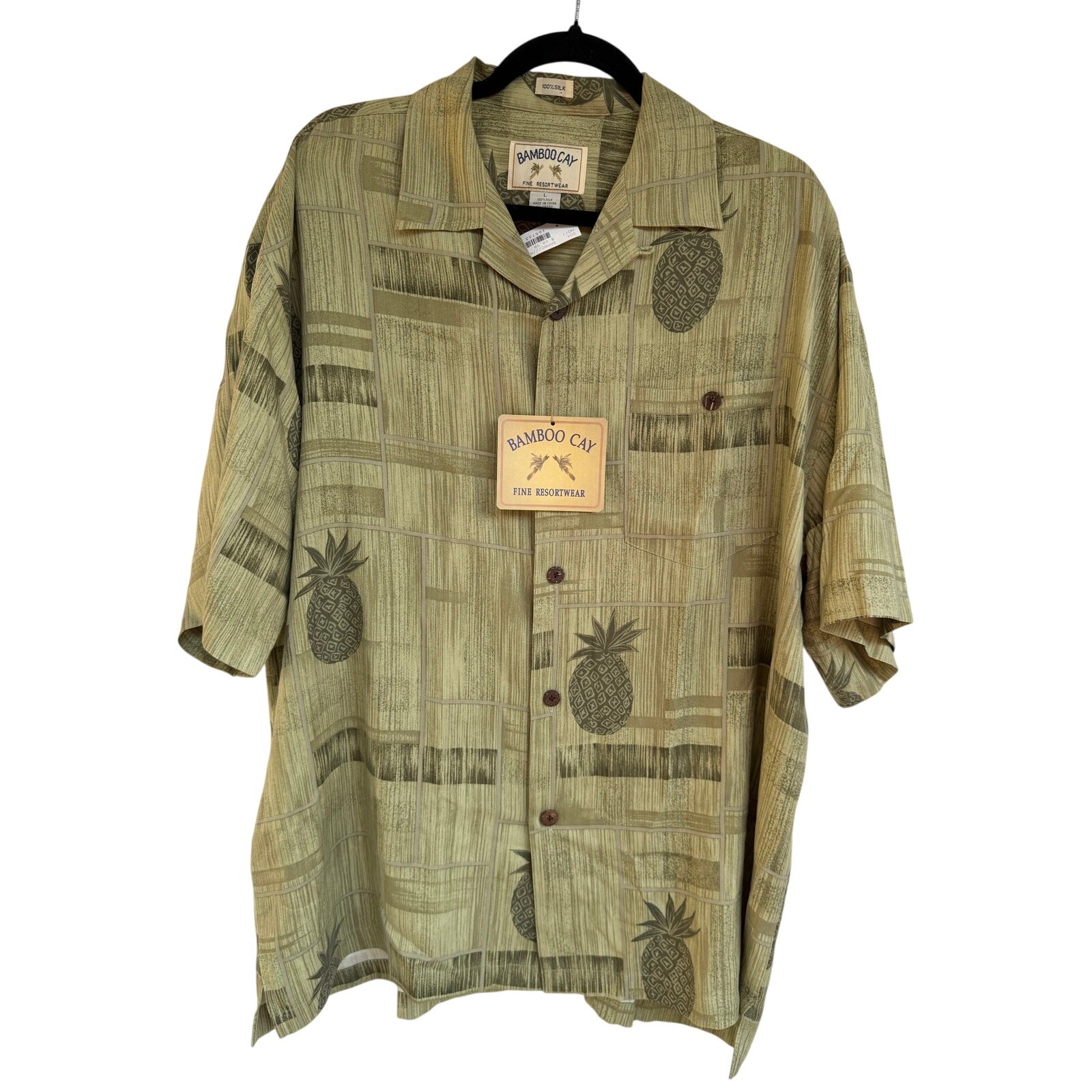 Bamboo Cay Olive Green 100% Silk Short Sleeve Aloha Shirt Large NWT