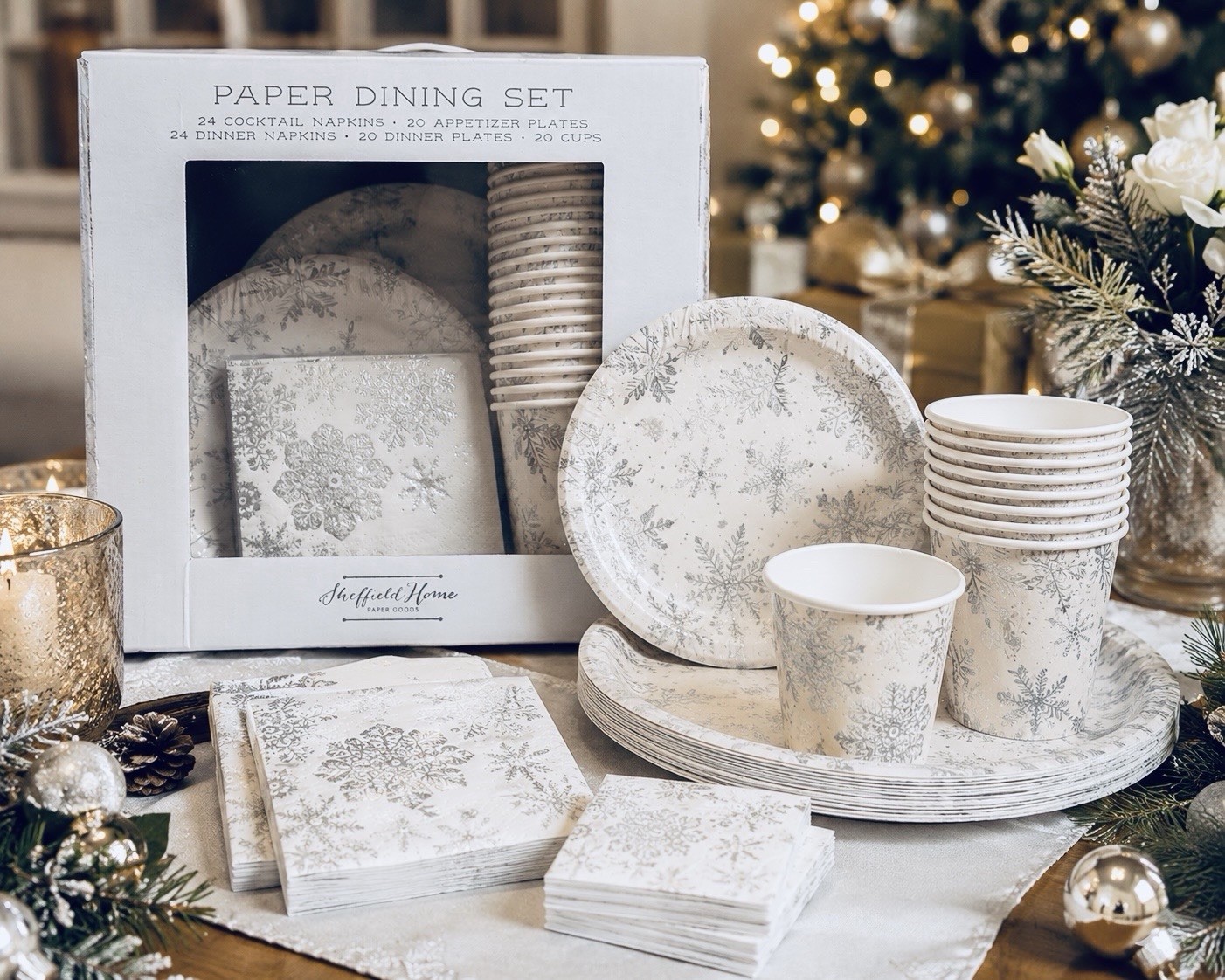 Vintage NIB SHEFFIELD HOME Paper Dining Set Holiday Party White & Silver 108 pcs