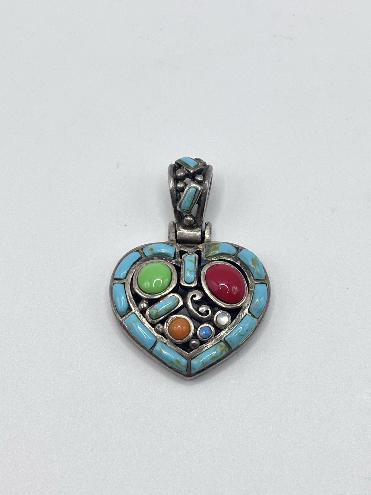 Vintage Southwest Sterling Silver 925 Multi-Stone Heart Necklace Pendant