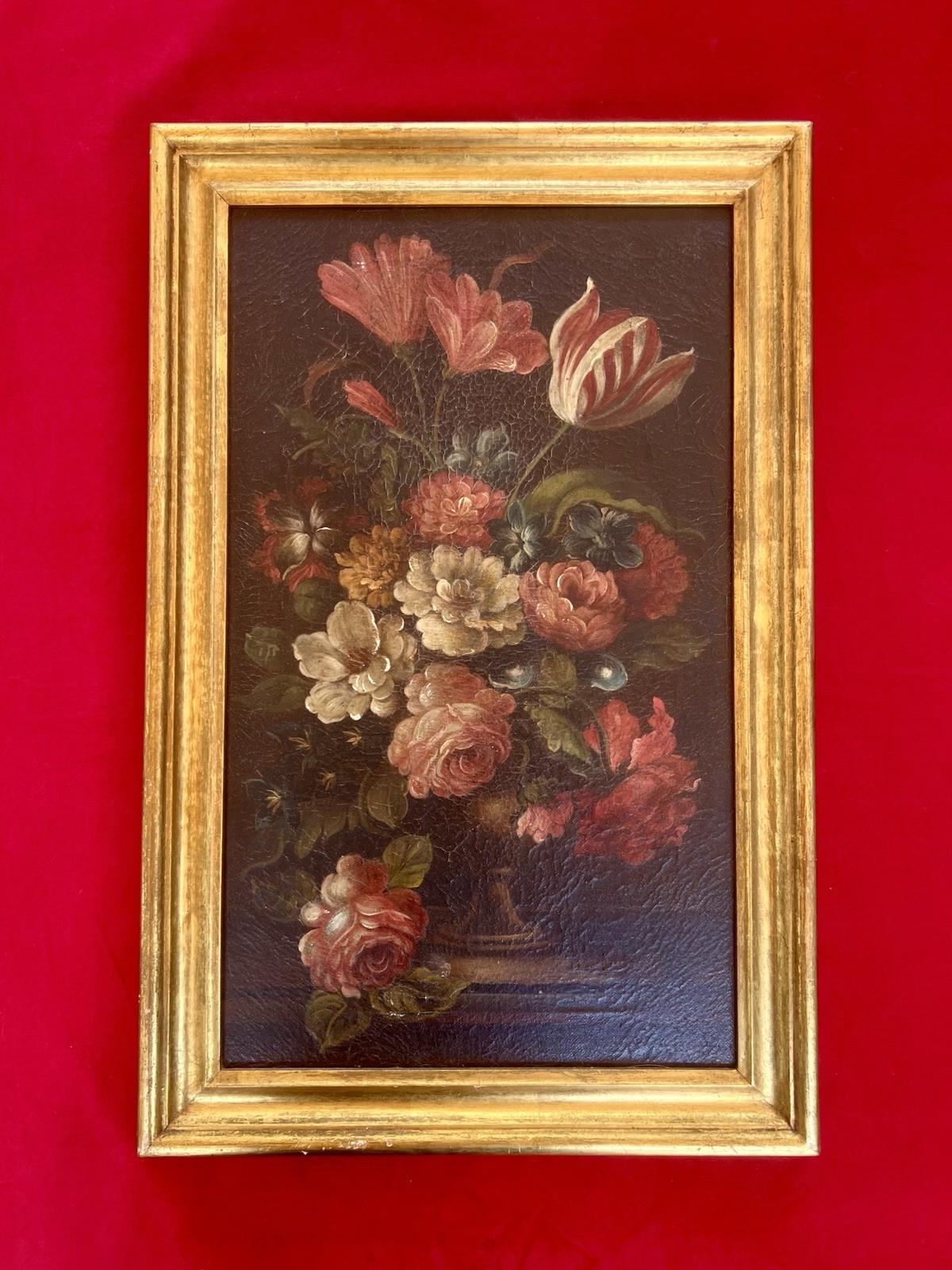 1970s Vintage Floral Still Life Oil Painting Bouquet Flower Gold Frame