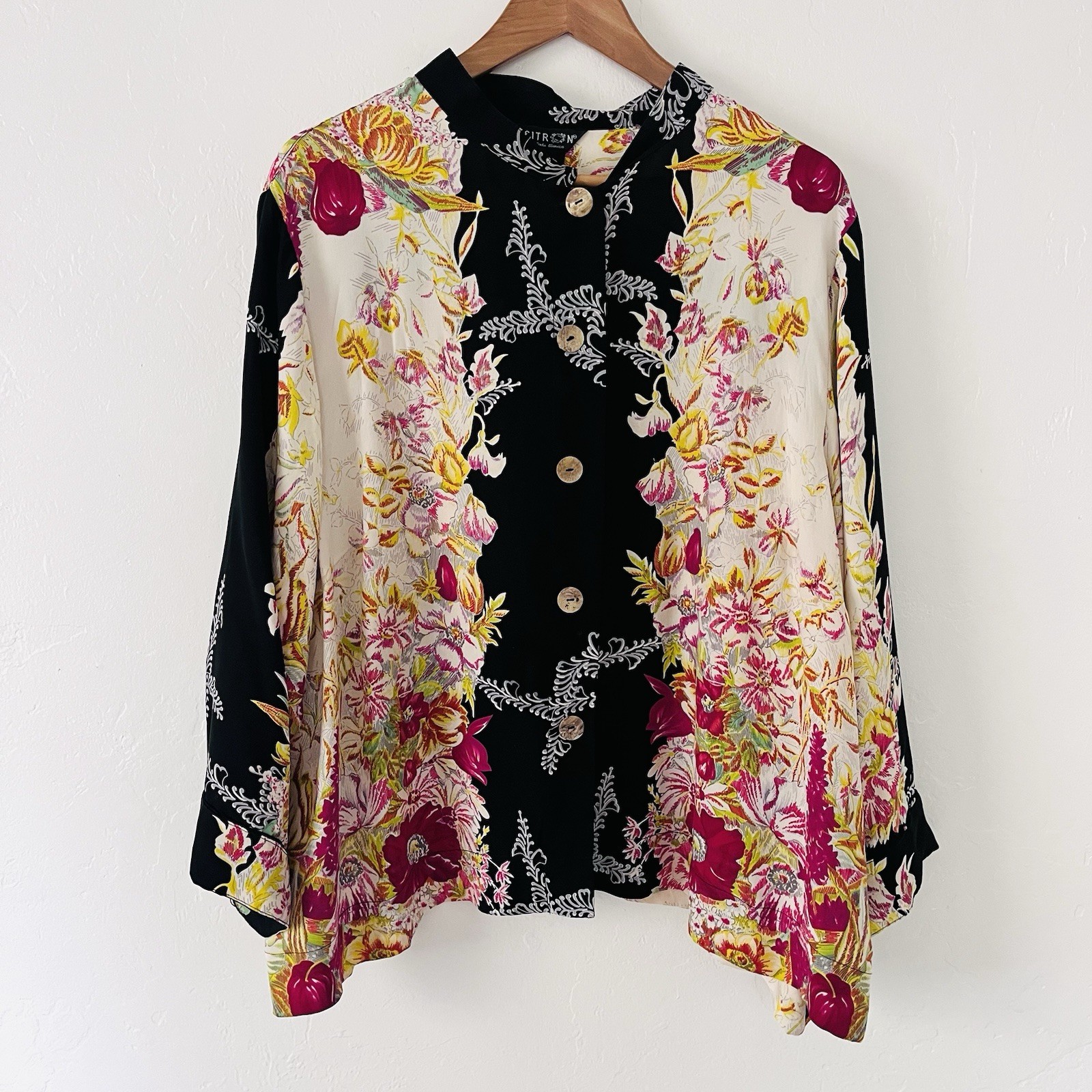 Citron Santa Monica 100% Silk Black Floral Long Sleeve Top Blouse L/XL
