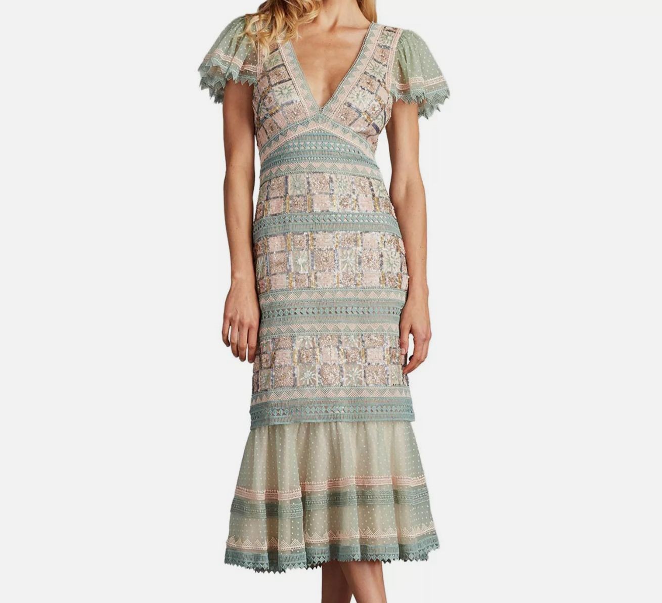 Tadashi Shoji Women\'s Green Beige Belle Sequin Lace Panel Midi Dress Size 14