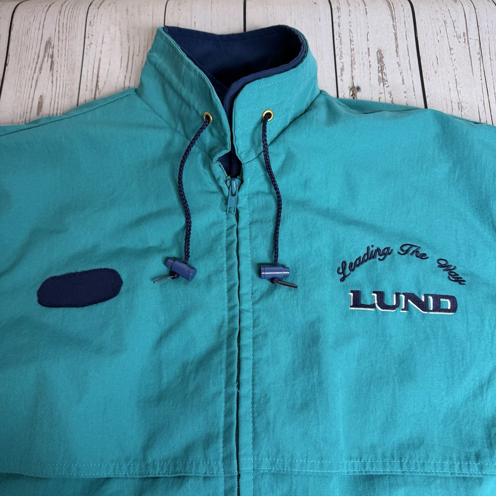 Vintage 90s Lund Boats Fishing Full Zip Jacket Size Mens Medium Made in USA Teal