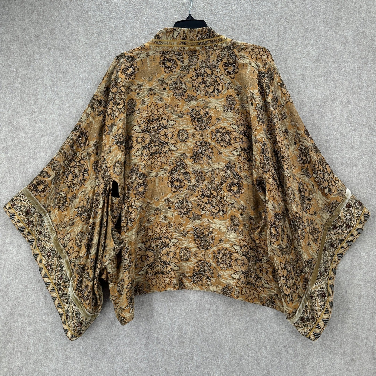 VTG Chicos Silk Linen Kimono Jacket Floral Open Front Sequin Boho Asian M/L