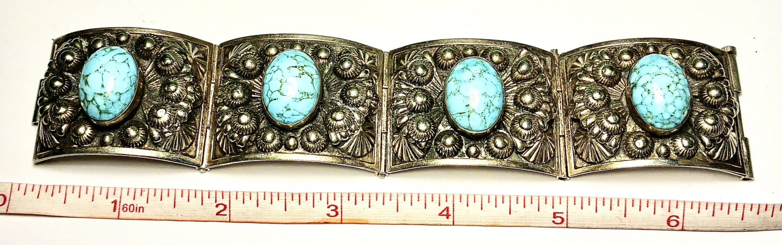 Vintage Etruscan Revival Faux Turquoise Hinged Panel Bracelet Mark 9 Clasp 6.5