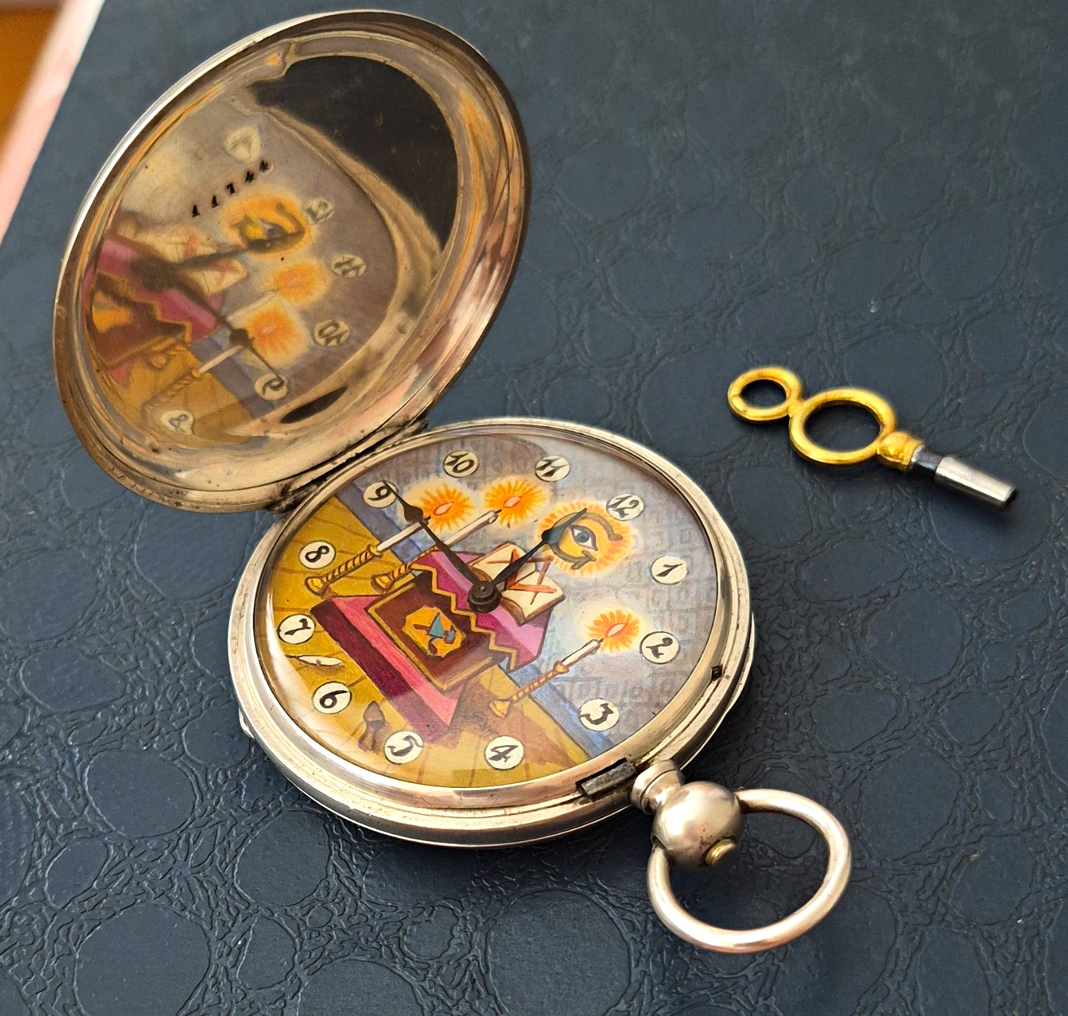 Silver 19th Century Full Hunter Masonic Pocket Watch,maker J.Wyss,Swiss,working 