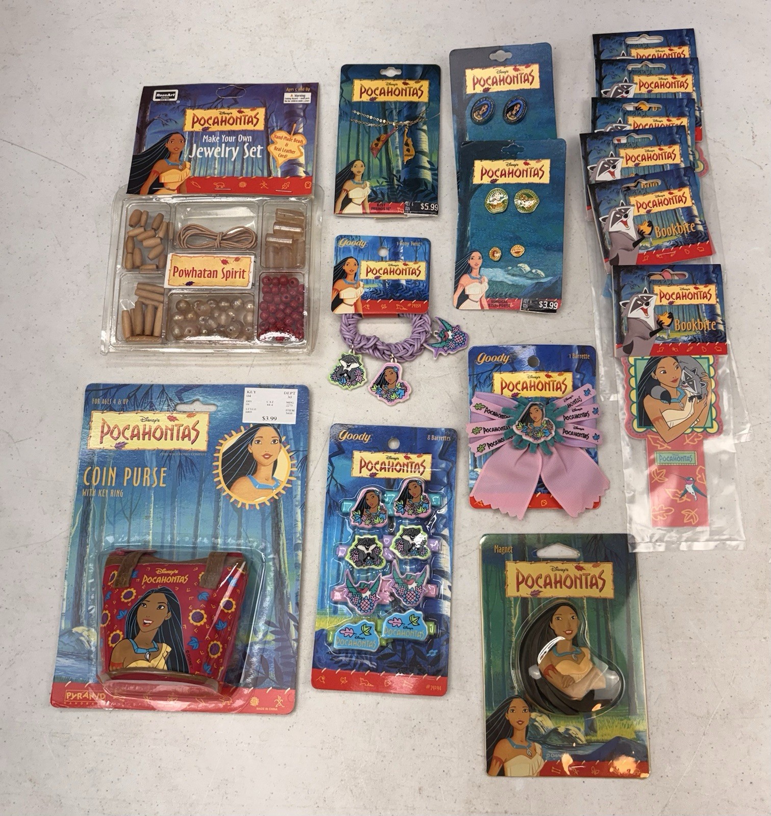 Disney Pocahontas Lot: Jewelry, Coin Purse, Bookbite, Barrettes, Magnet, Etc.