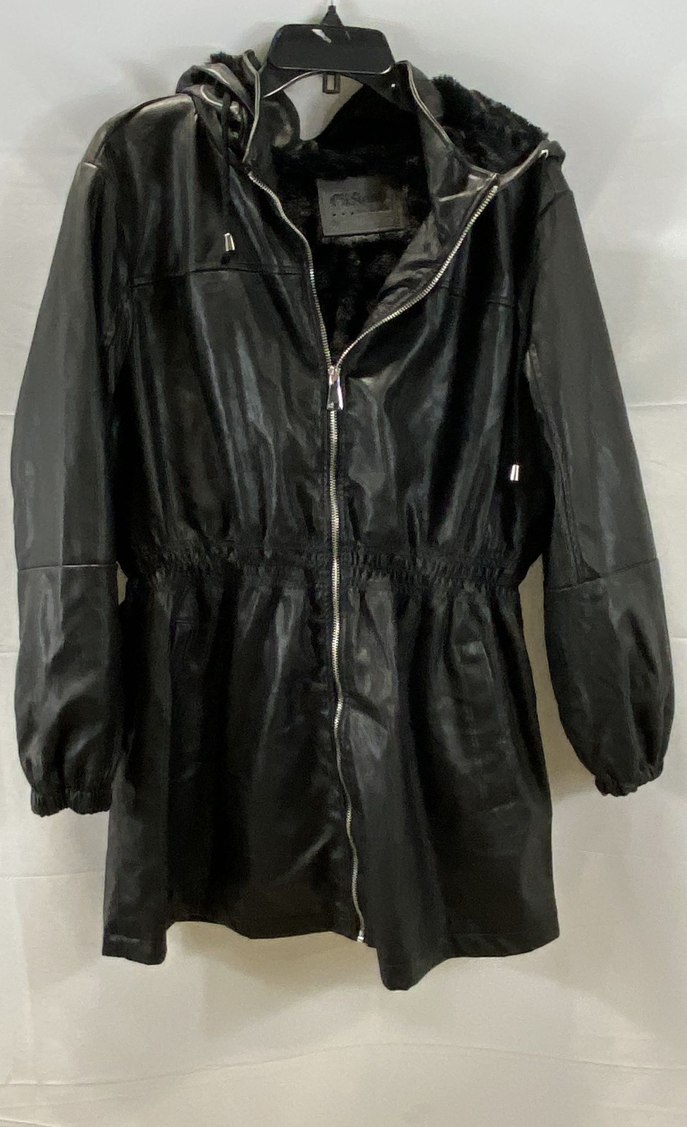 Cisono by Cavalini Womens Black Faux Leather Fur Lined Hooded Jacket Coat Size