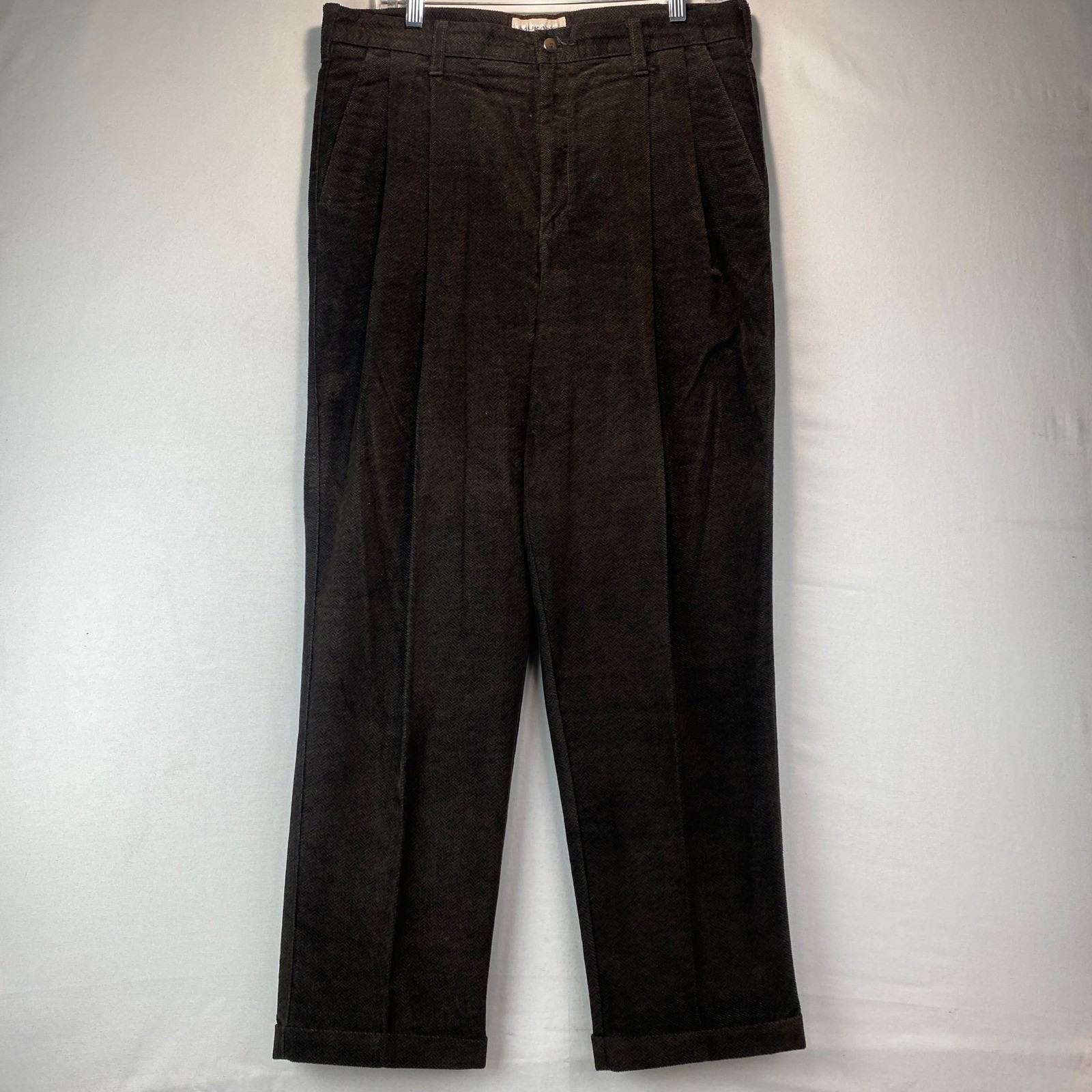 VTG Murano Pleated Herringbone Trousers Mens 34x30 Brown Cotton Cuffed Pants