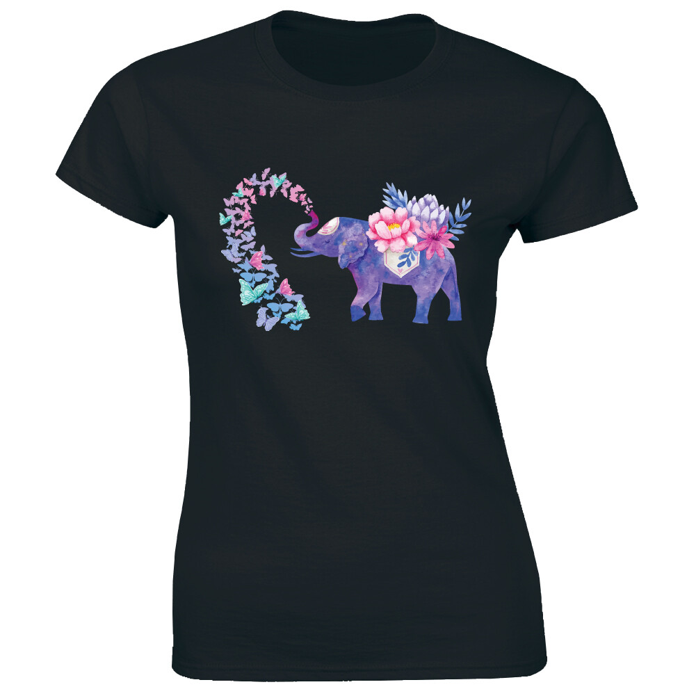 Beautiful Elephant Art Nature with Flowers and Butterflies Cute Women\'s T-Shirt
